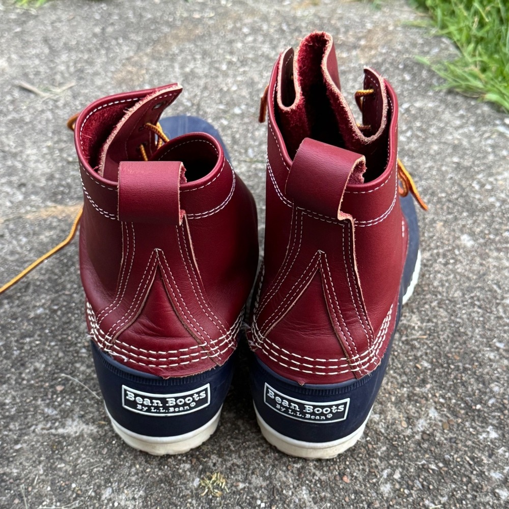 LL Bean 6 Inch Bean Boots Mens 12 M Burgundy Navy Blue Leather Duck Boots Maine - Picture 3 of 6